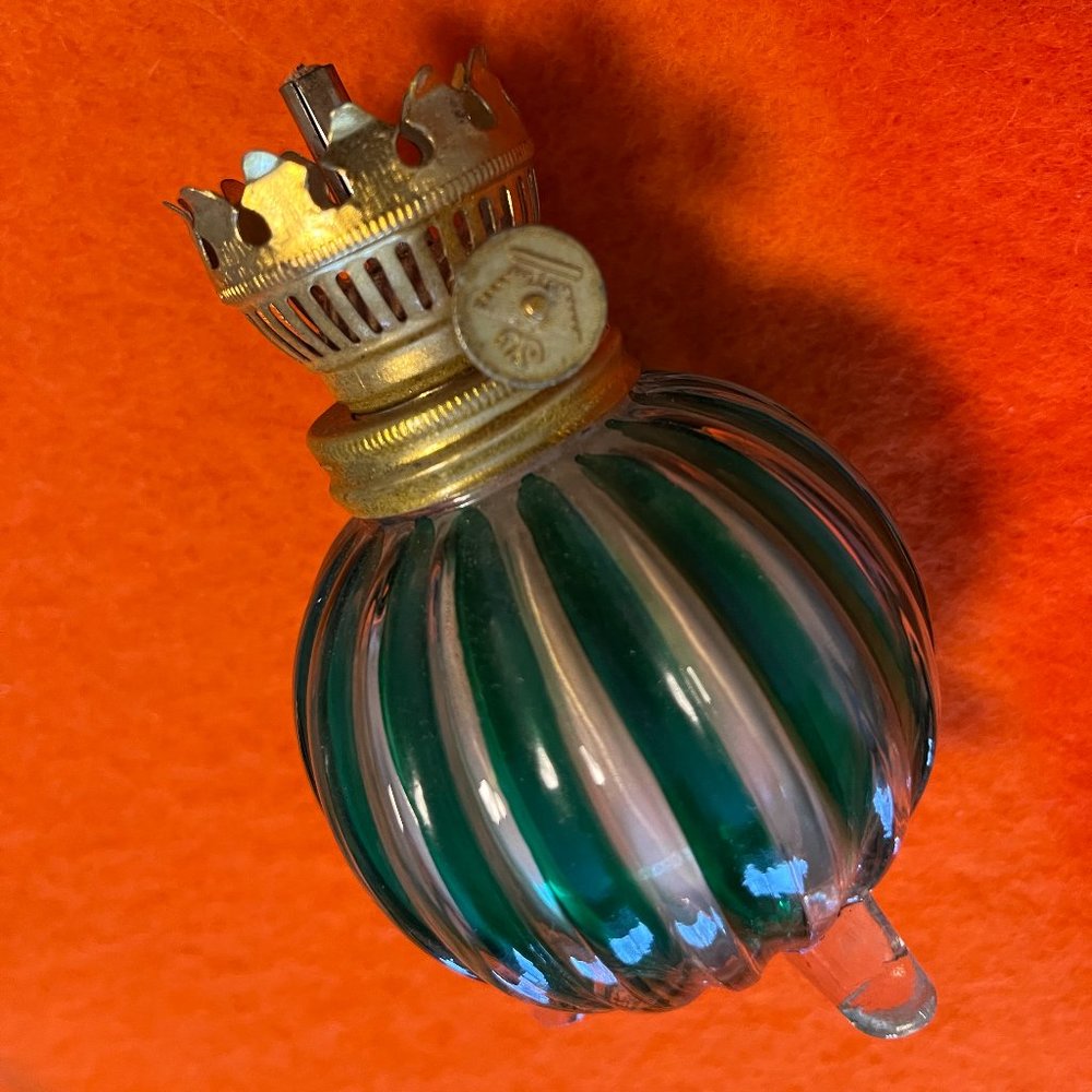 Vintage Miniature Green & White Stripe Ribbed Glass Oil Lamp Base